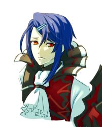 Rule 34 | 1boy, alcryst (fire emblem), ascot, asymmetrical hair, blue hair, dark blue hair, fire emblem, fire emblem engage, hair ornament, hairclip, high collar, meegon01, nintendo, portrait, red eyes, solo, white ascot