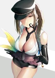 Rule 34 | 1girl, ahoge, between breasts, black hat, black necktie, blouse, blush, braid, braided ponytail, breasts, brown eyes, brown hair, cleavage, commentary request, earrings, elbow gloves, feathers, gloves, hair between eyes, hair over shoulder, hat, holding, holding riding crop, holding whip, idol, idolmaster, idolmaster shiny colors, jewelry, kuwayama chiyuki, large breasts, leaning, long braid, long hair, looking at viewer, necktie, necktie between breasts, peaked cap, purple skirt, riding crop, shirt, sidelocks, single braid, skirt, sleeveless, sleeveless shirt, smile, solo, standing, umihotaru harumare, white shirt