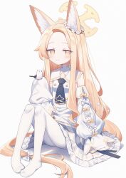 Rule 34 | 1girl, absurdly long hair, animal ear fluff, animal ears, bird, blonde hair, blue archive, blush, bow, breasts, closed mouth, commentary, detached sleeves, dress, forehead, fox ears, fox girl, frilled dress, frills, hair bow, halo, highres, knees up, long hair, low-tied long hair, no shoes, orange bow, pantyhose, seia (blue archive), sidelocks, sitting, sleeves past fingers, sleeves past wrists, small breasts, solo, very long hair, wagashi928, white background, white bow, white dress, white pantyhose, white sleeves, yellow eyes, yellow halo