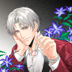 Rule 34 | 1boy, absurdres, charlie su, flower, formal, gradient background, grey background, grey hair, hand on own cheek, hand on own face, highres, holding, holding spoon, light and night love, long sleeves, looking at viewer, male focus, purple eyes, red suit, spoon, suit, taishu, watch, wristwatch