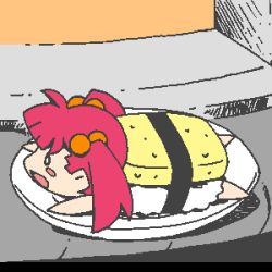 Rule 34 | 1girl, animated, animated gif, chibi, fish (food), food, hair bobbles, hair ornament, in food, lowres, mini person, minigirl, nigirizushi, on plate, personification, pink hair, solo, spinning, sushi, twintails