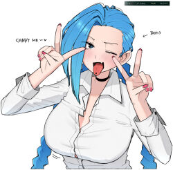Rule 34 | 1girl, alternate breast size, blue hair, blush, braid, choker, collared shirt, double v, jinx (league of legends), league of legends, long hair, looking at viewer, ohasi, one eye closed, piercing, shirt, solo, tongue piercing, twin braids, twintails, v