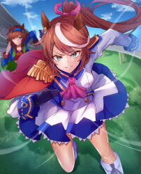 Rule 34 | 2girls, absurdres, animal ears, aqua eyes, ascot, asymmetrical gloves, black gloves, blue eyes, blue hairband, blue jacket, blue skirt, blurry, boots, bow, breasts, brown hair, buttons, cape, capelet, cleavage, depth of field, double-breasted, ear piercing, epaulettes, gloves, hair bow, hair flaps, hairband, high ponytail, highres, horse ears, horse girl, horse racing track, horse tail, jacket, knee boots, leo natal (umamusume), long hair, long sleeves, medium breasts, miniskirt, mismatched gloves, multicolored hair, multiple girls, one-eyed, piercing, pink ascot, pink bow, pleated skirt, red cape, red capelet, ri cochet, running, short hair, single epaulette, skirt, solo focus, streaked hair, tail, tokai teio (umamusume), tokyo yushun, two-tone hair, two-tone skirt, umamusume, white footwear, white gloves, white hair, white jacket, white skirt