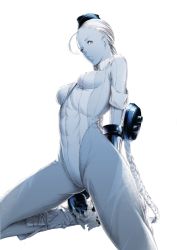 Rule 34 | 1girl, blue theme, boots, braid, breasts, cammy white, capcom, garrison cap, hat, leotard, long hair, monochrome, simple background, single braid, skin tight, small breasts, solo, sousou (sousouworks), street fighter, thighs, twin braids, very long hair