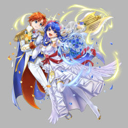 Rule 34 | 1boy, 1girl, :d, axe, blue cape, blue eyes, blue hair, boots, bouquet, breasts, cape, cleavage, dress, elbow gloves, feather trim, fire emblem, fire emblem: the binding blade, fire emblem heroes, flower, full body, gloves, grey background, grin, hair ornament, high heel boots, high heels, highres, lilina (fire emblem), long hair, medium breasts, nintendo, official alternate costume, open mouth, petals, red hair, roy (fire emblem), see-through, simple background, smile, thigh boots, thighhighs, tsukimura (d24f4z8j3t), tuxedo, veil, wedding, wedding dress, white dress, white footwear, white gloves
