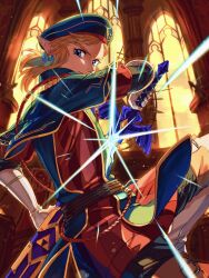 Rule 34 | 1boy, beret, blonde hair, blue eyes, blue hat, cowboy shot, drawing sword, earrings, fighting stance, hair tie, hat, highres, holding, holding sheath, holding sword, holding weapon, indoors, jewelry, link, looking at viewer, low ponytail, male focus, master sword, medium hair, military, military uniform, nintendo, oim8n, pointy ears, sheath, sidelocks, solo, swept bangs, sword, the legend of zelda, the legend of zelda: breath of the wild, uniform, weapon, window