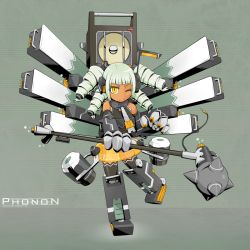 Rule 34 | 1girl, bare shoulders, gauntlets, gloves, green hair, grey background, long hair, mace, md5 mismatch, mecha musume, necktie, one eye closed, original, quad tails, ringlets, simple background, skirt, smile, solo, speaker, spiked mace, spikes, thighhighs, ushimado, weapon, wink, yellow eyes
