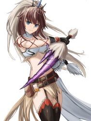 Rule 34 | 1girl, absurdres, arknights, barach, bare shoulders, belt, black belt, black gloves, black thighhighs, blue eyes, brown hair, commentary, cowboy shot, crop top, gloves, highres, holding, holding weapon, horns, kirin r yato (arknights), looking at viewer, midriff, monster hunter (series), pouch, reverse grip, smile, solo, standing, stomach, thighhighs, thighs, weapon, yato (arknights)