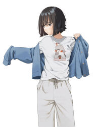 1girl black_eyes black_hair blue_jacket bob_cut commentary_request jacket long_sleeves mattaku_mousuke open_clothes open_jacket original pants shirt short_hair simple_background sleeves_past_fingers sleeves_past_wrists solo standing t-shirt white_background white_pants white_shirt