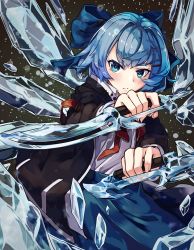 Rule 34 | 1girl, alternate costume, blue bow, blue eyes, blue hair, blue skirt, bow, cirno, commentary request, dagger, dual wielding, hair bow, hair ornament, hairclip, holding, holding weapon, ice, ice wings, jacket, knife, long sleeves, looking at viewer, natori youkai, revision, ringed eyes, serious, short hair, skirt, solo, touhou, weapon, wings