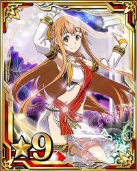 Rule 34 | 10s, 1girl, anklet, armpits, arms up, asuna (sao), barefoot, breasts, brown eyes, brown hair, card (medium), cleavage, crop top, dancer, dancing, detached sleeves, jewelry, leg up, long hair, looking at viewer, matching hair/eyes, medium breasts, see-through, skirt, smile, solo, star (symbol), sword art online, thigh strap, white skirt