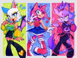 Rule 34 | 3girls, amy rose, animal ears, bat ears, bat girl, bat wings, black pants, blaze the cat, blue hairband, blue skirt, boots, breasts, cat ears, cat girl, cat tail, cleavage, earrings, eyelashes, eyeshadow, fang, fire, flame print, forehead jewel, furry, furry female, gloves, green eyes, hairband, heart, highres, jewelry, looking at viewer, makeup, medium breasts, miniskirt, multiple girls, nail polish, one eye closed, onlyastra, pants, pink fur, purple fur, red footwear, rouge the bat, single earring, skirt, small breasts, smile, sonic (series), tail, thigh boots, topknot, v, white fur, white gloves, wings, yellow eyeshadow