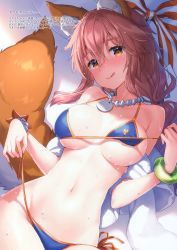 Rule 34 | 1girl, :q, absurdres, animal ear fluff, animal ears, bikini, blue bikini, blush, bracelet, breasts, cleavage, clothes pull, collarbone, fate/grand order, fate (series), fox ears, fox girl, fox tail, hat, heart, heart-shaped pupils, highres, jewelry, large breasts, long hair, looking at viewer, masuishi kinoto, naughty face, navel, necklace, one-piece swimsuit pull, pink hair, pulled by self, ribbon, scan, shell, shell necklace, side-tie bikini bottom, solo, starfish, sun hat, swimsuit, symbol-shaped pupils, tail, tamamo (fate), tamamo no mae (fate/extra), tamamo no mae (swimsuit lancer) (fate), tamamo no mae (swimsuit lancer) (third ascension) (fate), tongue, tongue out, translation request, untied bikini, wet, yellow eyes