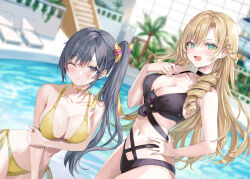 2girls arm_under_breasts bikini black_bikini black_choker black_hair blonde_hair blurry blurry_background blush braid breasts brown_eyes choker cleavage collarbone cowboy_shot dutch_angle eyewear_hang green_eyes hair_ribbon hand_on_own_chest hand_on_own_hip kiryuin_sumire large_breasts long_hair looking_at_viewer momoko_(momopoco) multiple_girls narahashi_rena navel novel_illustration official_art one_eye_closed open_mouth pool puckered_lips ribbon second-party_source side-tie_bikini_bottom side_ponytail stomach sunglasses swimsuit tokidoki_bosotto_roshia-go_de_dereru_tonari_no_alya-san unworn_eyewear water yellow_bikini yellow_choker yellow_ribbon