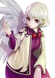 Rule 34 | 1girl, bad id, bad twitter id, bow, bowtie, dress, highres, jacket, kishin sagume, long sleeves, looking at viewer, nuqura, open clothes, open jacket, purple dress, purple eyes, short hair, silver hair, simple background, single wing, solo, touhou, white background, wings
