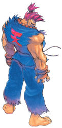 Rule 34 | 1990s (style), 1boy, akuma (street fighter), barefoot, beads, bengus, capcom, clothes writing, dark-skinned male, dark skin, fingerless gloves, from behind, full body, gloves, highres, male focus, muscular, official art, prayer beads, red hair, retro artstyle, simple background, solo, street fighter, street fighter ii (series), topknot, torn clothes, torn sleeves, white background