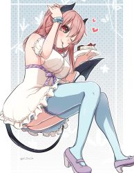 Rule 34 | 1girl, ass, black sclera, breasts, cake, colored sclera, demon girl, demon horns, demon tail, female focus, food, horns, nei (os), one eye closed, original, os (os fresa), pink hair, red eyes, solo, tail, thighhighs, twitter username