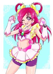 Rule 34 | 1girl, arms up, bike shorts, butterfly brooch, butterfly earrings, butterfly hair ornament, cure dream, earrings, fuchi, gloves, hair ornament, hair rings, jewelry, long hair, magical girl, midriff, navel, one eye closed, open mouth, pink eyes, pink hair, precure, shorts, skirt, smile, solo, yes! precure 5