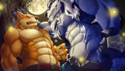 Rule 34 | 2boys, abs, against tree, bandages, bare pectorals, belt, biceps, blue eyes, blue fur, blush, chain, chang (gyee), claws, dog boy, ear piercing, earrings, fang, fireflies, furry, furry male, gauntlets, geppei5959, gyee, hand on own hip, jacket, jewelry, large pectorals, leaf, looking at another, male focus, moon, multiple boys, muscular, muscular male, navel, navel hair, night, night sky, official art, open clothes, open jacket, orange eyes, orange fur, pants, pectorals, piercing, scar, scar on face, sky, thick arms, thick eyebrows, topless male, tree, white fur, yang (gyee)