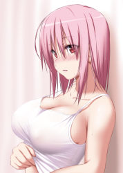Rule 34 | 1girl, alternate costume, bare shoulders, blush, breasts, camisole, cleavage, collarbone, commentary request, curtains, highres, large breasts, looking at viewer, no headwear, nori tamago, nose blush, parted lips, pink hair, red eyes, saigyouji yuyuko, short hair, sidelocks, solo, spaghetti strap, strap gap, sweat, touhou, upper body