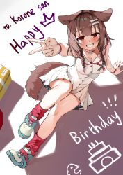 Rule 34 | 1girl, absurdres, animal ears, arm support, blush, bone hair ornament, braid, breasts, brown hair, cleavage, covered erect nipples, dog ears, dog girl, dog tail, dress, english text, foreshortening, grin, hair ornament, happy birthday, highres, hololive, inugami korone, inugami korone (1st costume), knee up, large breasts, looking at viewer, no bra, outstretched arm, red eyes, red socks, smile, socks, solo, tail, thighs, touhoureporter, twin braids, v, virtual youtuber, white dress, wristband