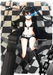 Rule 34 | 10s, 1girl, belt, bikini, bikini top only, bikini under clothes, black bikini, black footwear, black gloves, black hair, black rock shooter, black rock shooter (character), black shorts, black sweater, blue eyes, boots, cardigan, character name, checkered floor, collar, copyright name, flaming eyes, front-tie bikini top, front-tie top, gloves, hsuliherng, long hair, looking at viewer, navel, open cardigan, open clothes, scar, short shorts, shorts, sitting, smile, solo, sweater, swimsuit, twintails