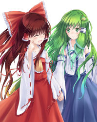 Rule 34 | 2girls, :d, ^ ^, ascot, bow, brown hair, closed eyes, commentary request, couple, detached sleeves, closed eyes, female focus, frog hair ornament, green eyes, green hair, hair bow, hair ornament, hair tubes, hakurei reimu, holding hands, highres, japanese clothes, kochiya sanae, long hair, miko, multiple girls, open mouth, skirt, skirt set, smile, suzushiro yukari, touhou, yuri