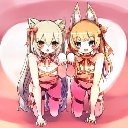 Rule 34 | 2girls, all fours, animal ears, arm up, arzeith-tau, blush, breasts, brown hair, cat ears, cleavage, flat chest, fox ears, hair ornament, hairclip, heart, heart-shaped pupils, highres, kemomimi oukoku kokuei housou, long hair, mikoko (kemomimi oukoku kokuei housou), multiple girls, naked ribbon, navel, nora cat, nora cat channel, nude, open mouth, paw pose, red eyes, ribbon, smile, symbol-shaped pupils, twintails, virtual youtuber