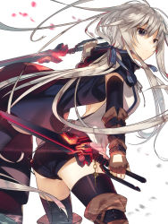 Rule 34 | 1girl, ass, black gloves, black shorts, black thighhighs, blurry, brown gloves, celtic cross, cloak, closed mouth, cross, depth of field, dual wielding, elbow gloves, fantasy, fingerless gloves, floating hair, from side, gloves, grey hair, holding, kazutake hazano, long hair, looking at viewer, looking back, original, purple eyes, short shorts, shorts, sidelocks, simple background, solo, thighhighs, very long hair, white background