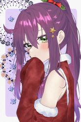 Rule 34 | 1girl, alternate costume, bare shoulders, blush, bow, christmas ornaments, closed mouth, commentary request, detached sleeves, eyelashes, floral background, from side, fur trim, green eyes, hair ornament, hair ribbon, hand on own chin, high ponytail, highres, long sleeves, looking at viewer, looking to the side, mouri toushirou (tenka hyakken), ponytail, purple hair, red bow, ribbon, santa costume, sidelocks, sleeves past fingers, sleeves past wrists, solo, star (symbol), star hair ornament, star ornament, takimaro320, tenka hyakken, upper body
