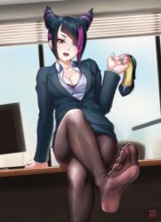 Rule 34 | 1girl, black pantyhose, blazer, blush, breasts, cleavage, crossed legs, desk, feet, finalcake, foot focus, han juri, heterochromia, highres, jacket, looking at viewer, medium breasts, monitor, office, office lady, on desk, open mouth, pantyhose, sitting, on desk, soles, solo, street fighter, thighs, toes