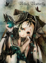 Rule 34 | 1girl, black butterfly, blue eyes, bug, butterfly, gothic lolita, hand on own cheek, hand on own face, highres, holding, bug, lolita fashion, looking at viewer, solo, white hair, zhang xiao bo