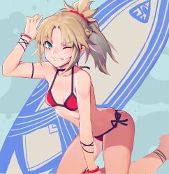 Rule 34 | 1girl, anklet, barefoot, bikini, blonde hair, bracelet, breasts, fate/apocrypha, fate/grand order, fate (series), green eyes, grin, highres, jewelry, kneeling, long hair, mordred (fate), mordred (fate) (all), mordred (fate/apocrypha), mordred (swimsuit rider) (fate), mordred (swimsuit rider) (first ascension) (fate), one eye closed, ponytail, red bikini, scrunchie, side-tie bikini bottom, small breasts, smile, solo, surfboard, swimsuit, wtcolor