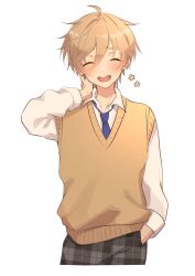 Rule 34 | 1boy, absurdres, blue necktie, blush, closed eyes, collared shirt, cropped legs, ensemble stars!, facing viewer, hand in own hair, highres, light brown hair, long sleeves, male focus, mashiro tomoya, necktie, omu omu omu, open mouth, pants, plaid, plaid pants, shirt, simple background, solo, sweater vest, teeth, upper teeth only, white background, white shirt