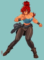 Rule 34 | 1990s (style), 1girl, alternate hairstyle, ankle boots, aqua background, armband, boots, breasts, cleavage, clenched hands, clothes around waist, colorized, commentary, dark-skinned female, dark skin, david liu, english commentary, full body, highres, large breasts, long hair, maria (space maria), medium breasts, midriff, muscular, muscular female, narrow waist, pants, red eyes, retro artstyle, scar, solo, space maria, spaghetti strap, sweater, sweater around waist, updo