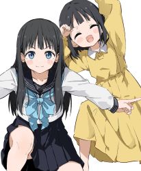 Rule 34 | 2girls, ^ ^, age difference, akebi-chan no serafuku, akebi kao, akebi komichi, arm up, black hair, black sailor collar, black skirt, blue eyes, blue neckerchief, blush stickers, child, clenched hand, closed eyes, commentary request, dress, ginyu force pose, hand up, height difference, highres, index finger raised, long hair, long sleeves, looking at viewer, multiple girls, neckerchief, on one knee, open mouth, pleated skirt, rauto, sailor collar, school uniform, serafuku, shirt, short hair, siblings, sisters, skirt, smile, v-shaped eyebrows, white background, white shirt, wing collar, yellow dress