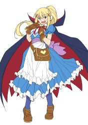 Rule 34 | 1girl, apron, back bow, bag, black cloak, blonde hair, blue dress, blue eyes, blue pantyhose, blush, bow, brown footwear, brown gloves, cloak, commentary, cosplay, darkness (konosuba), dress, frilled dress, frills, full body, gloves, hair ornament, high collar, highres, kono subarashii sekai ni shukufuku wo!, long dress, long hair, looking at viewer, marivel armitage, marivel armitage (cosplay), neck ribbon, open mouth, pantyhose, ponytail, puffy short sleeves, puffy sleeves, purple bow, red cloak, red ribbon, ribbon, ryoumoto hatsumi, saliva, satchel, shoes, short sleeves, simple background, smile, solo, standing, sweatdrop, two-sided cloak, two-sided fabric, waist apron, white apron, white background, wild arms, wild arms 2, x hair ornament