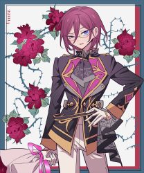 Rule 34 | 1boy, ascot, bad id, bad pixiv id, black ascot, black jacket, blue eyes, border, bouquet, cowboy shot, ensemble stars!, flower, glasses, gloves, hair between eyes, half-closed eye, hand on own hip, highres, holding, holding bouquet, jacket, long sleeves, looking at viewer, male focus, meremero, open mouth, pants, plant, purple hair, red flower, red rose, rose, saegusa ibara, short hair, smile, solo, standing, thorns, vines, white gloves, white pants