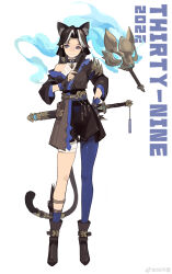 Rule 34 | 1girl, 39 bukun, animal ear fluff, animal ears, ankle boots, asymmetrical legwear, bandaged leg, bandages, black gloves, black hair, black shirt, black shorts, blue socks, blue tassel, blue thighhighs, boots, brown footwear, cat ears, cat tail, chinese commentary, closed mouth, creature, crop top, crop top overhang, english text, eyeshadow, fingerless gloves, full body, gloves, grey skirt, half-skirt, hand fan, hand on own hip, hand up, heart, heart-shaped pupils, highres, holding, holding fan, leg holster, long sleeves, looking at viewer, magatama, makeup, medium hair, multicolored hair, original, parted bangs, paw print, pink eyeshadow, print shirt, sheath, sheathed, shirt, shorts, simple background, single sock, single thighhigh, skirt, sleeveless, sleeveless shirt, smile, socks, solo, streaked hair, sword, symbol-shaped pupils, tail, tail ornament, thighhighs, turtleneck, turtleneck shirt, uneven legwear, weapon, weibo watermark, white background, white hair, white shirt