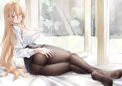 Rule 34 | 1girl, absurdres, ass, azur lane, black choker, black pantyhose, blonde hair, breasts, choker, hand on own ass, high-waist skirt, highres, implacable (azur lane), implacable (shepherd of the &quot;lost&quot;) (azur lane), large breasts, long hair, looking at viewer, looking back, lubikaya, lying, no bra, no shoes, official alternate costume, on side, panties, panties under pantyhose, pantyhose, partially unbuttoned, red eyes, round eyewear, see-through, skirt, teacher, underwear, very long hair