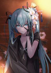 Rule 34 | 1girl, black gloves, black kimono, black ribbon, blue eyes, blue hair, blurry, blurry background, closed mouth, commentary, flower, gloves, hair between eyes, hair flower, hair ornament, hair ribbon, hair stick, half gloves, hand on own cheek, hand on own face, haori, hatsune miku, highres, japanese clothes, kasha (module), kimono, long hair, looking at viewer, nekota yama, orchid, project diva (series), ribbon, smile, solo, twintails, very long hair, vocaloid, white flower, yubikiri (vocaloid)