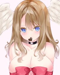 Rule 34 | 1girl, black choker, blue eyes, blush, bow, breasts, brown hair, candy, chocolate, chocolate heart, choker, cleavage, closed mouth, collarbone, eunie (xenoblade), feathered wings, food, food in mouth, hair between eyes, head wings, heart, highres, large breasts, long hair, looking at viewer, mouth hold, naked ribbon, nanase nao, pink background, red bow, red ribbon, ribbon, simple background, solo, white wings, wings, xenoblade chronicles (series), xenoblade chronicles 3