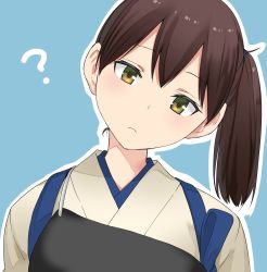 Rule 34 | 1girl, ?, brown hair, commentary request, head tilt, highres, japanese clothes, kaga (kancolle), kantai collection, long hair, looking at viewer, masukuza j, muneate, side ponytail, solo, tasuki, upper body, yellow eyes
