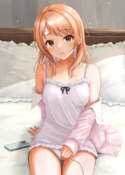 Rule 34 | 1girl, absurdres, arm support, blush, breasts, ca paria, cable, camisole, cellphone, collarbone, egg vibrator, highres, hojo karen, idolmaster, idolmaster cinderella girls, looking at viewer, on bed, orange hair, panties, phone, pink shirt, sex toy, shirt, sitting, small breasts, solo, underwear, vibrator, white camisole, white panties