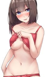Rule 34 | 1girl, absurdres, akizuki (kancolle), alternate hairstyle, areola slip, black hair, blue eyes, blush, bra, bra lift, breasts, clothes pull, hair between eyes, hair down, highres, kantai collection, kiritto, medium breasts, off shoulder, panties, parted lips, red bra, red panties, simple background, solo, sweat, underwear, upper body, white background
