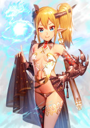Rule 34 | 1girl, blonde hair, blue eyes, blush, breasts, earrings, horns, jewelry, looking at viewer, navel, ogino (oginogino), original, pointy ears, short hair, short ponytail, side ponytail, single horn, small breasts, smile, solo, thighhighs, white thighhighs