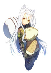 Rule 34 | 1girl, animal ears, bad id, bad pixiv id, black gloves, breasts, brown eyes, camouflage, camouflage pants, closed mouth, gloves, hair between eyes, hair ornament, head tilt, jacket, large breasts, long hair, long sleeves, looking at viewer, military, original, pants, partially fingerless gloves, silver hair, simple background, smile, solo, squirrel ears, squirrel girl, squirrel tail, tail, tp (kido 94), very long hair, white background