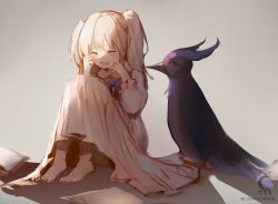 Rule 34 | 1boy, 1girl, aged down, animal, artist logo, artist name, bad id, bad pixiv id, barefoot, beak, bird, blonde hair, book, closed eyes, collared dress, crying, dress, familiar, feathers, feet, fischl (genshin impact), full body, genshin impact, grey background, hair between eyes, highres, long sleeves, looking at another, min miyamoto, open book, oz (genshin impact), purple ribbon, raven, ribbon, sad, shadow, simple background, tears, teeth, two side up, upper teeth only, white dress