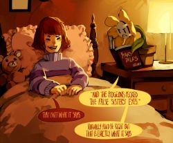 Rule 34 | androgynous, bed, blind, book, brown hair, chest of drawers, commentary, english text, flower, flower pot, flowey (undertale), frisk (undertale), gender request, grimm&#039;s fairy tales, lamp, open book, reading, shirt, striped clothes, striped shirt, stuffed animal, stuffed toy, teddy bear, undertale, velinxi
