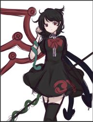 Rule 34 | 1girl, asymmetrical wings, black border, black dress, black hair, border, bow, bowtie, dress, highres, houjuu nue, letterboxed, pipita, polearm, red bow, red bowtie, red eyes, shoes, short dress, snake, solo, thighhighs, touhou, weapon, wings